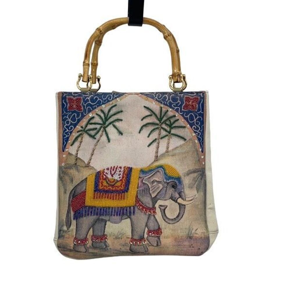 Vintage Ornate Retro Beaded Embroidered Elephant Purse Bag Tote with Wooden Bamb
